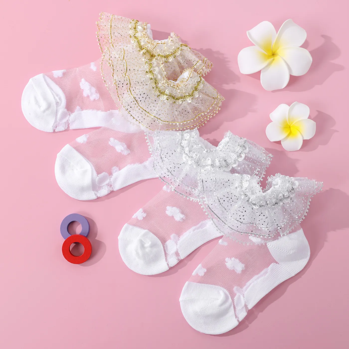 Baby / Toddler / Kid Gypsophila Lace Trim Socks (Random with or without golden dots) Gold image 4