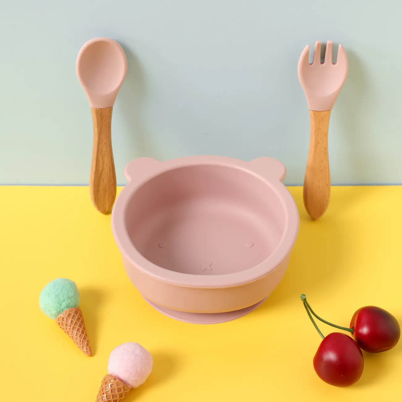 3-pack Baby Cute Cartoon Bear Silicone Suction Bowl and Fork Spoon with Wooden Handle Baby Toddler Tableware Dishes Self-Feeding Utensils Set for Self-Training Light Pink big image 1