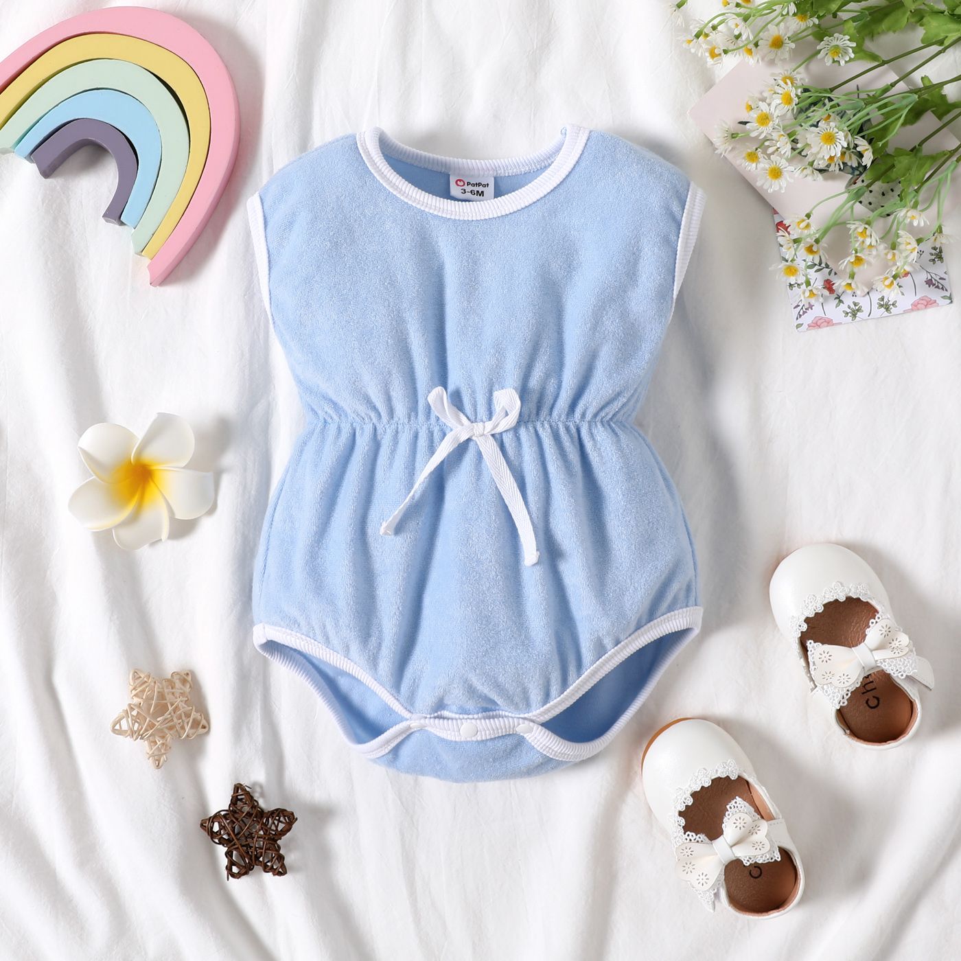 

100% Cotton Baby Girl Solid Terry Drop Shoulder Cap-sleeve Romper