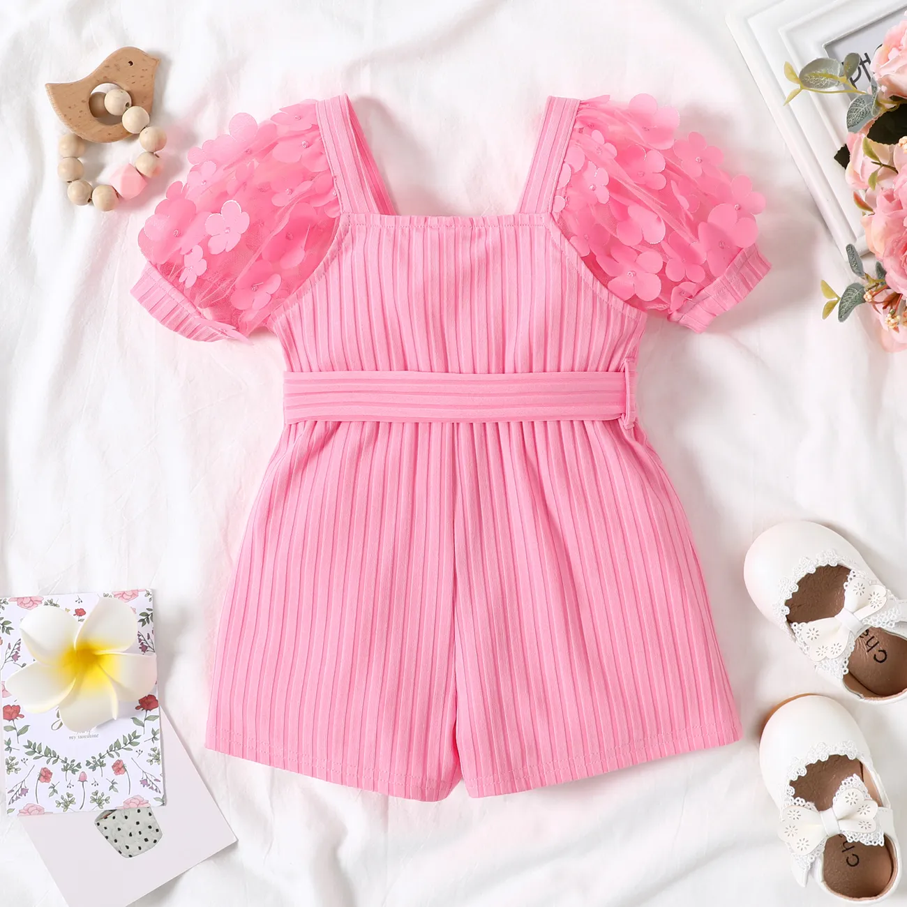 Baby Girl Pink Beaded Floral Applique Puff-sleeve Ribbed Belted Romper Pink big image 1