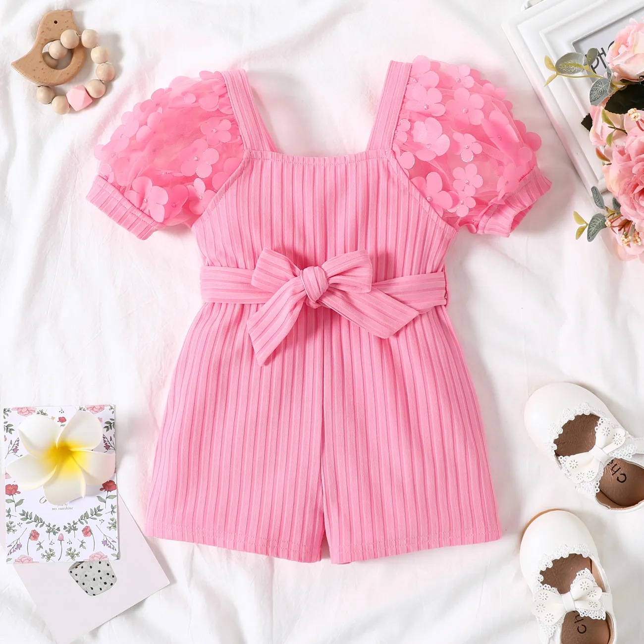 Baby Girl Pink Beaded Floral Applique Puff-sleeve Ribbed Belted Romper Pink big image 1