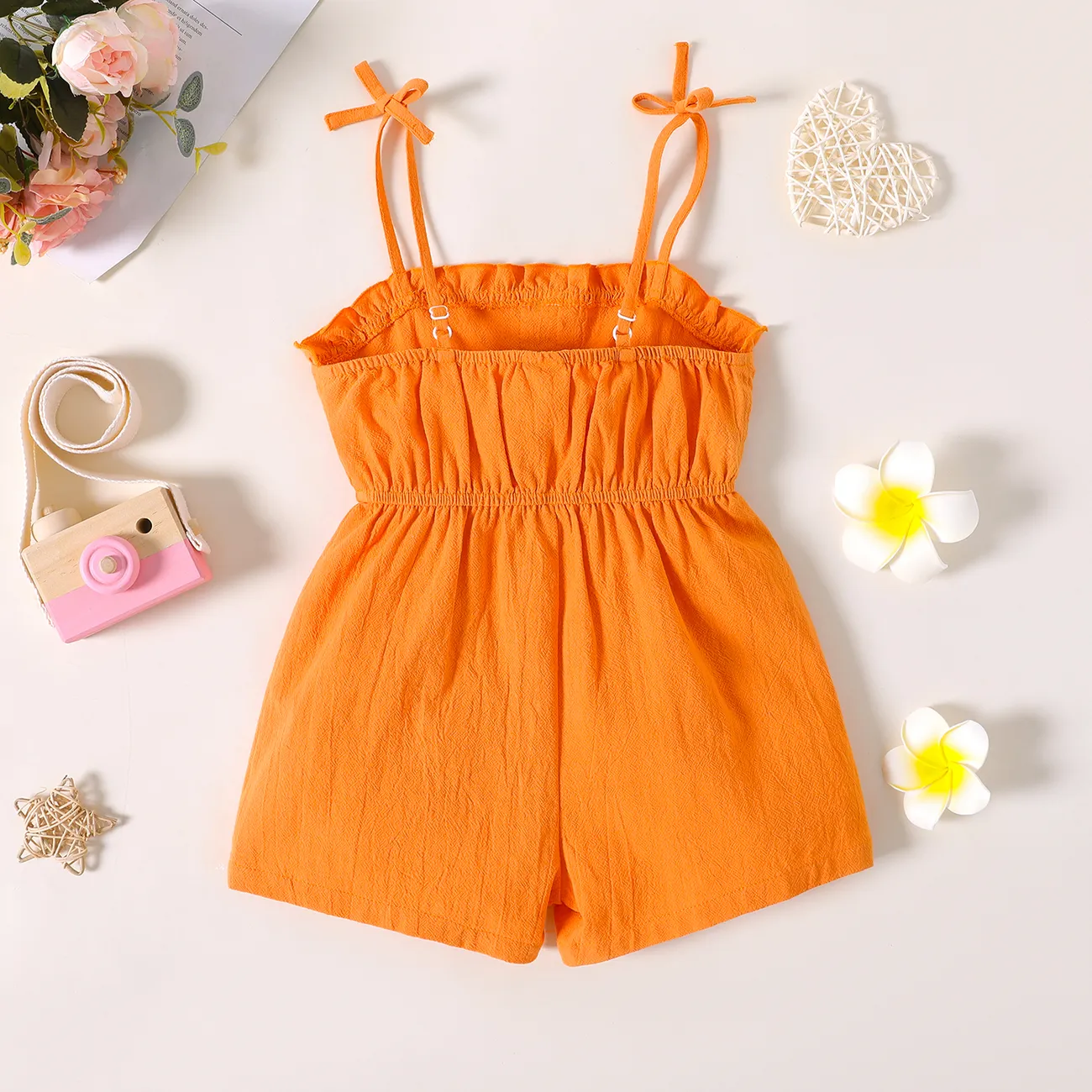 Toddler Girl Bowknot Design Stripe/Floral Print/Orange Cami Romper Orange big image 1