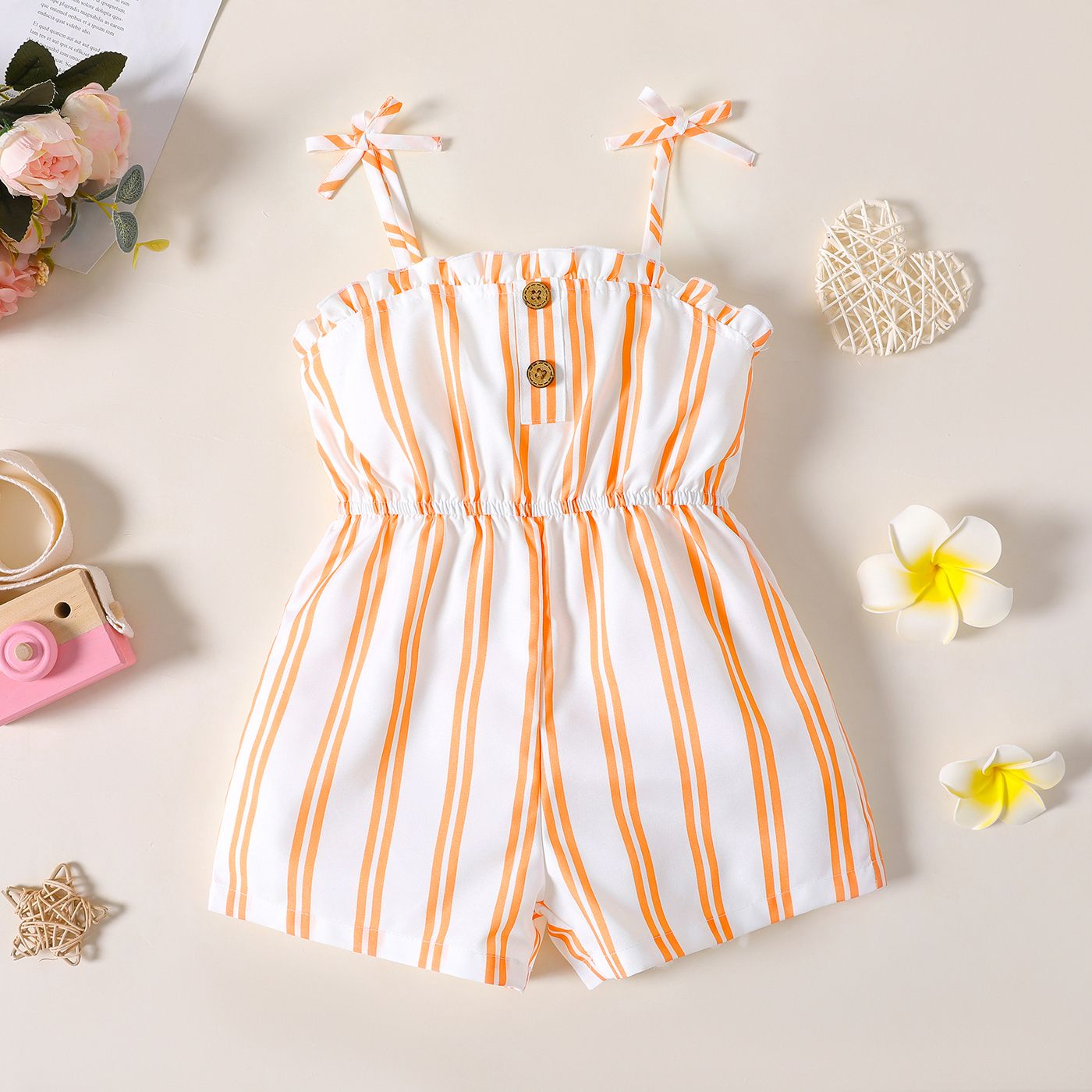 Toddler Girl Bowknot Design Stripe/Floral Print/Orange Cami Romper