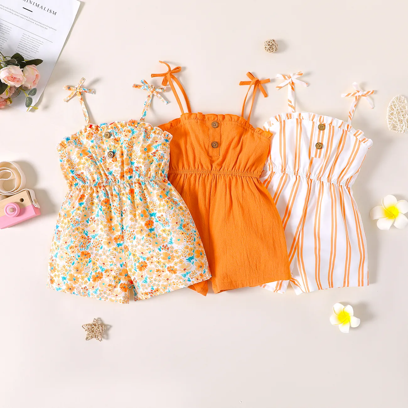 Toddler Girl Bowknot Design Stripe/Floral Print/Orange Cami Romper White big image 1