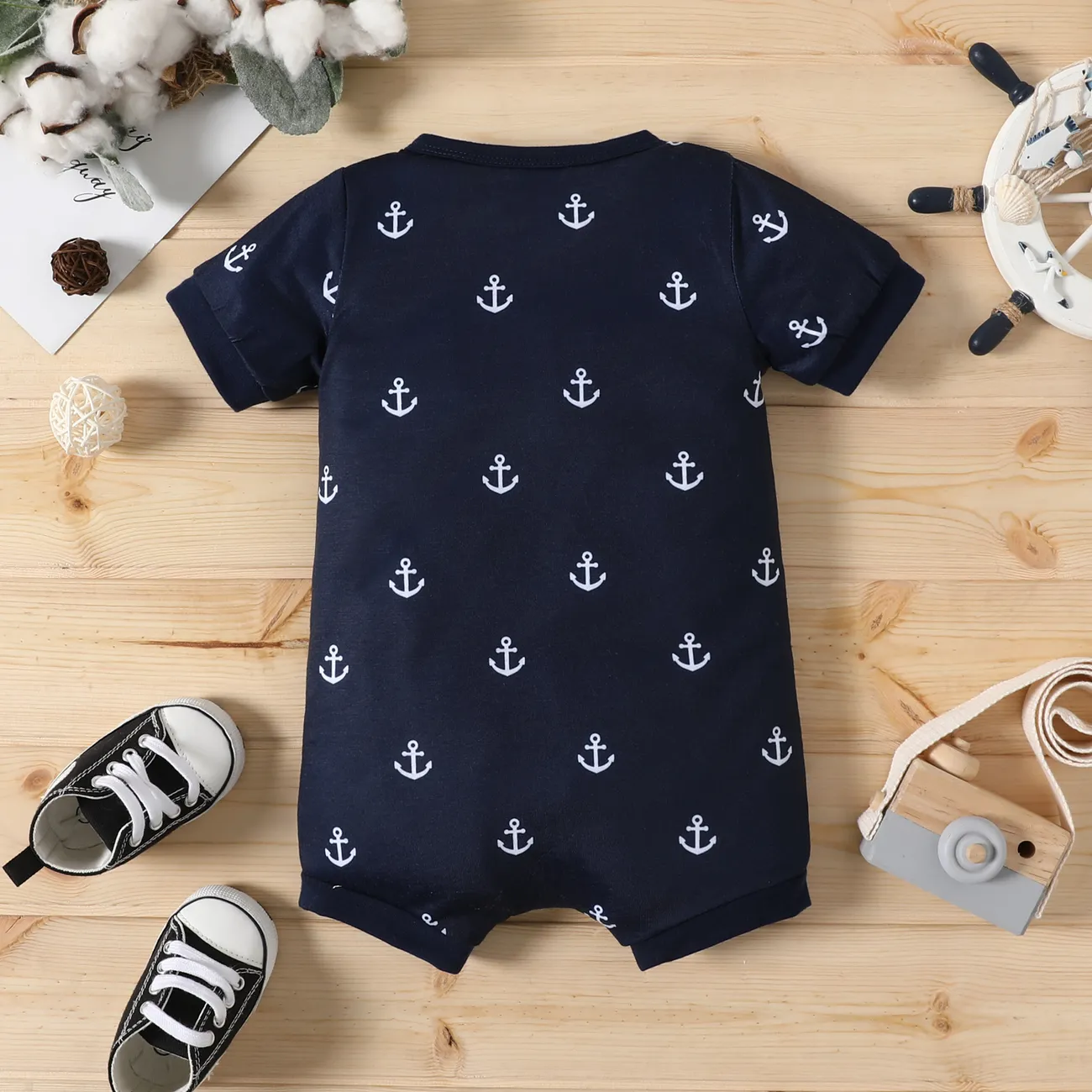 Baby Boy Print/Striped Short-sleeve Snap Romper DeepSapphireBlue big image 1