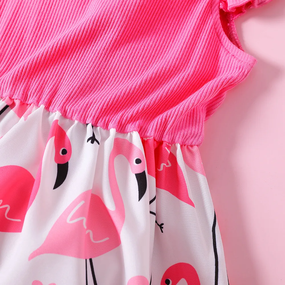 Toddler Girl Ribbed Flamingo Allover Ruffle Decor Flutter-sleeve Dress big image 5