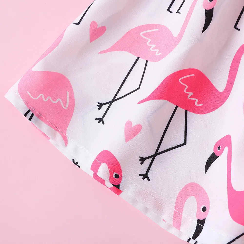 Toddler Girl Ribbed Flamingo Allover Ruffle Decor Flutter-sleeve Dress big image 4