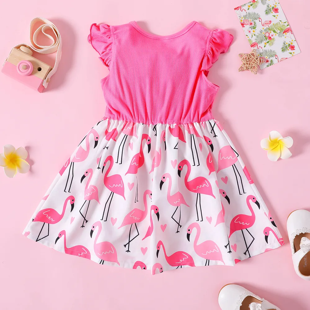 Toddler Girl Ribbed Flamingo Allover Ruffle Decor Flutter-sleeve Dress big image 2