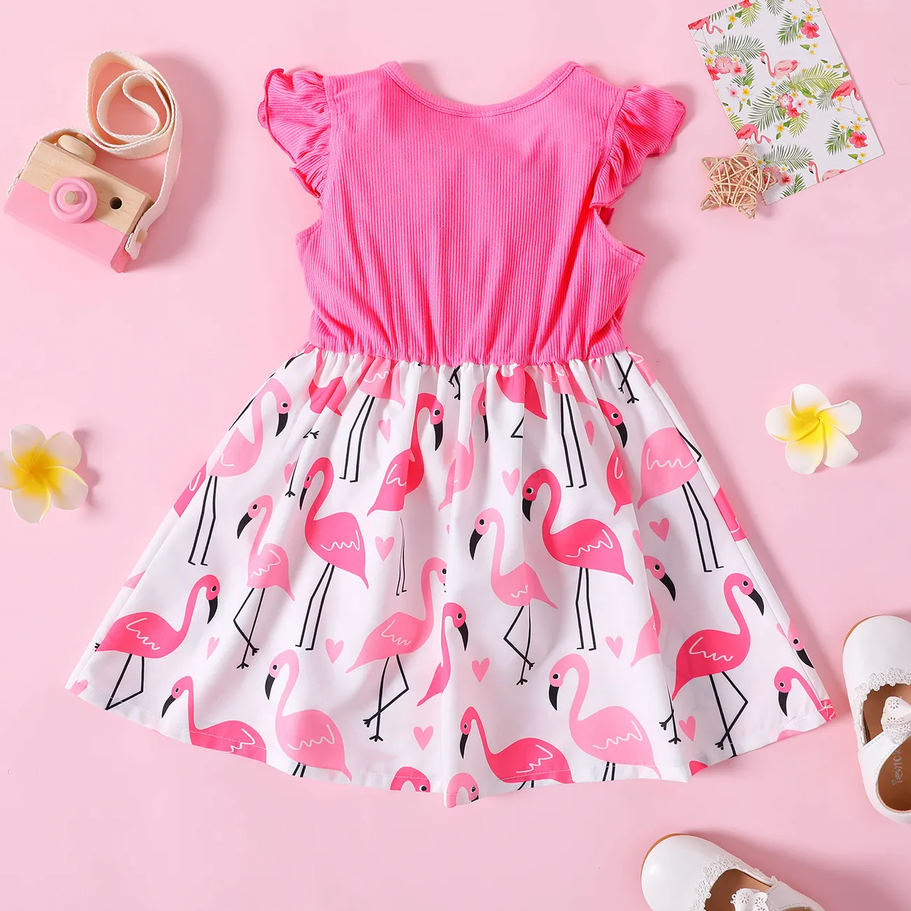 Toddler Girl Ribbed Flamingo Allover Ruffle Decor Flutter-sleeve Dress Peach* big image 1