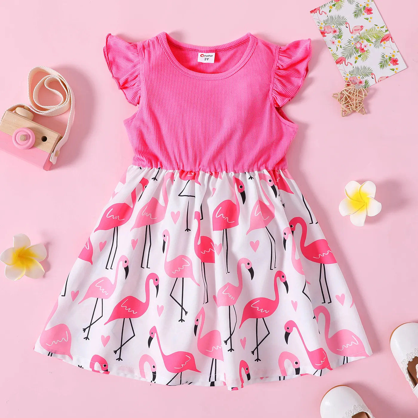 Toddler Girl Flamingo Print Flutter-sleeve Dress/ Heart-shaped Glasses/ Sandals