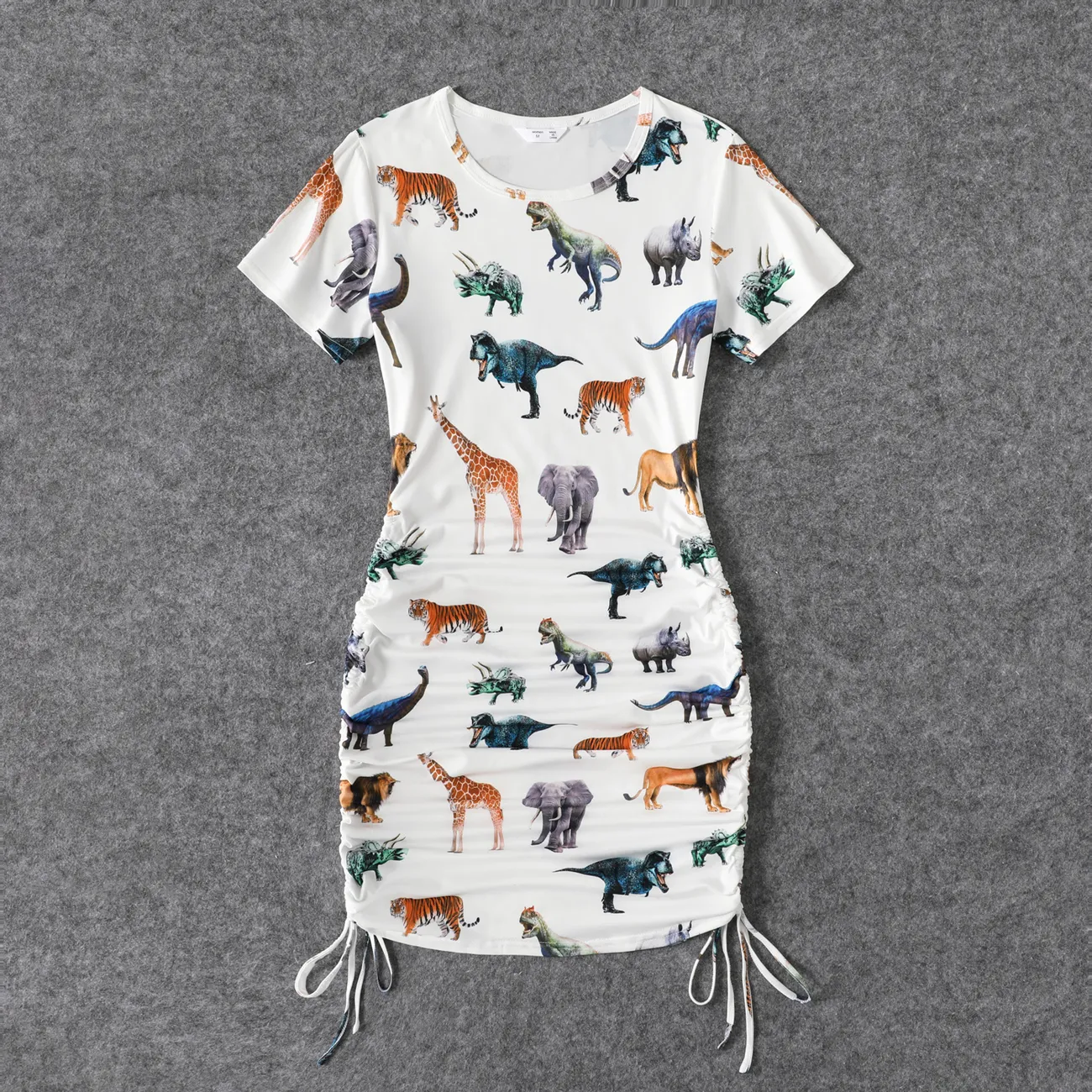 Family Matching All Over Animal Print Short-sleeve Mini Bodycon Ruched Dresses and Raglan-sleeve T-shirts Sets White big image 1