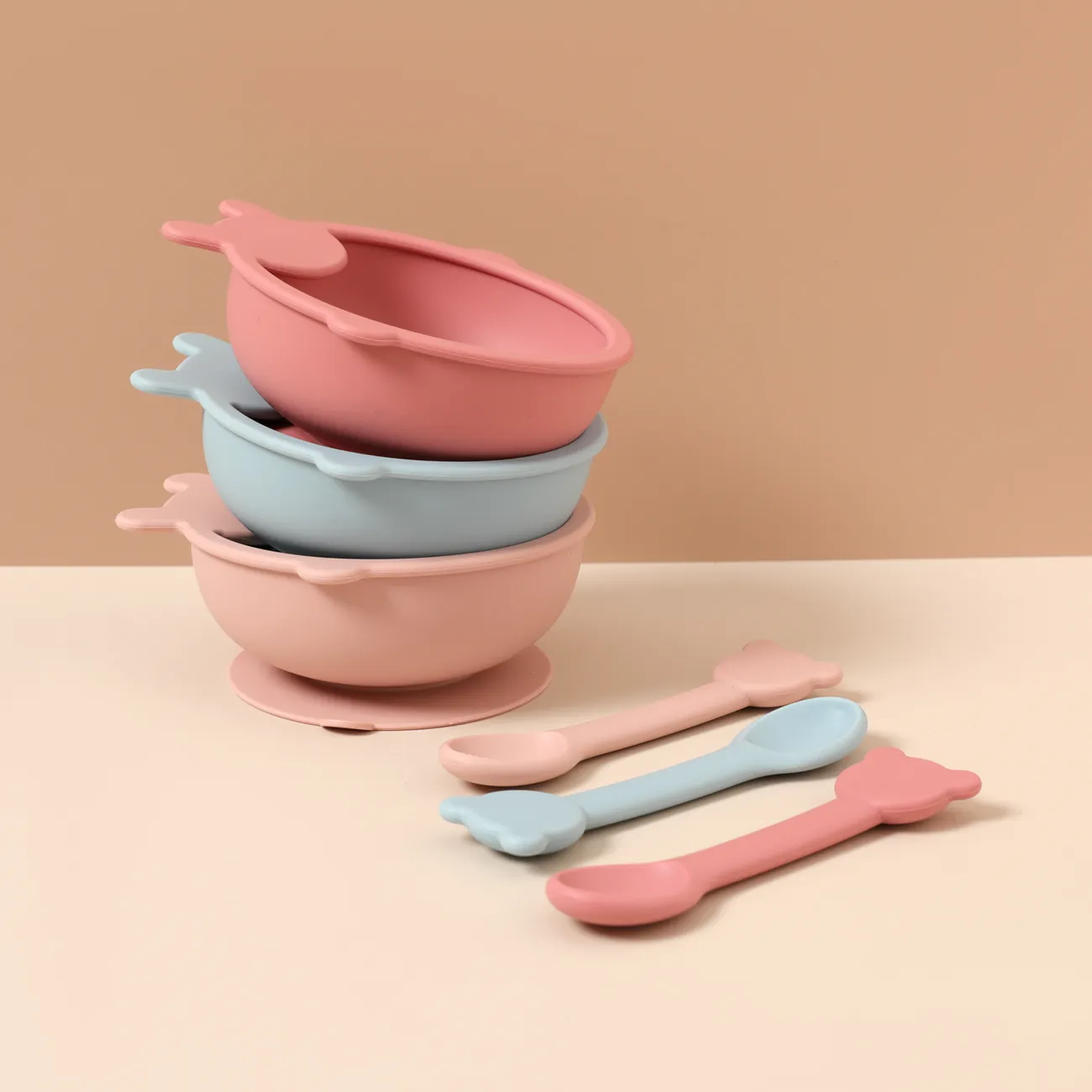 2-pack Cartoon Shape Food Grade Silicone Baby Toddler Self-Feeding Bowl Spoon Utensils Set for Self-Training Light Pink big image 1