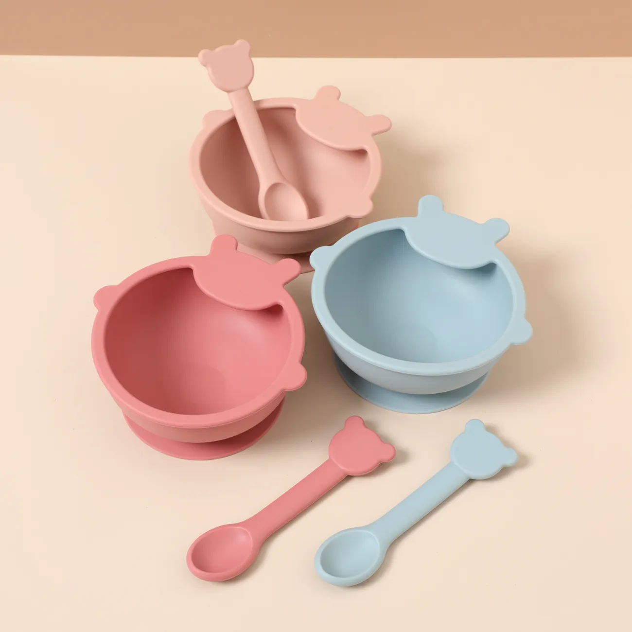 2-pack Cartoon Shape Food Grade Silicone Baby Toddler Self-Feeding Bowl Spoon Utensils Set for Self-Training Light Pink big image 1