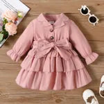 100% Cotton Baby Girl Green Lapel Single Breasted Long-sleeve Layered Ruffle Dress Pink