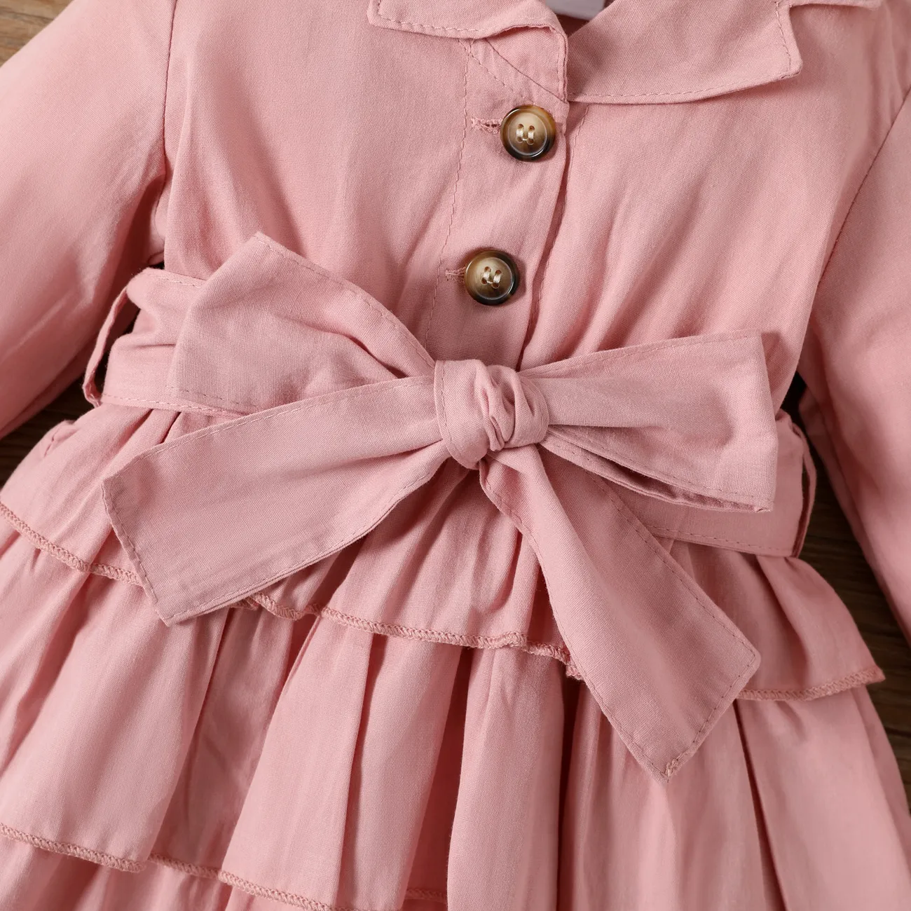 100% Cotton Baby Girl Green Lapel Single Breasted Long-sleeve Layered Ruffle Dress Pink big image 1