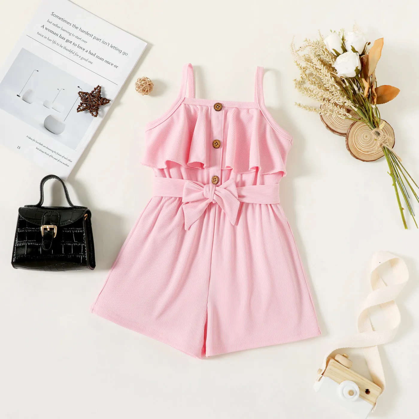 Toddler Girl Button Design Flounce Belted Solid Color Cami Romper  big image 1