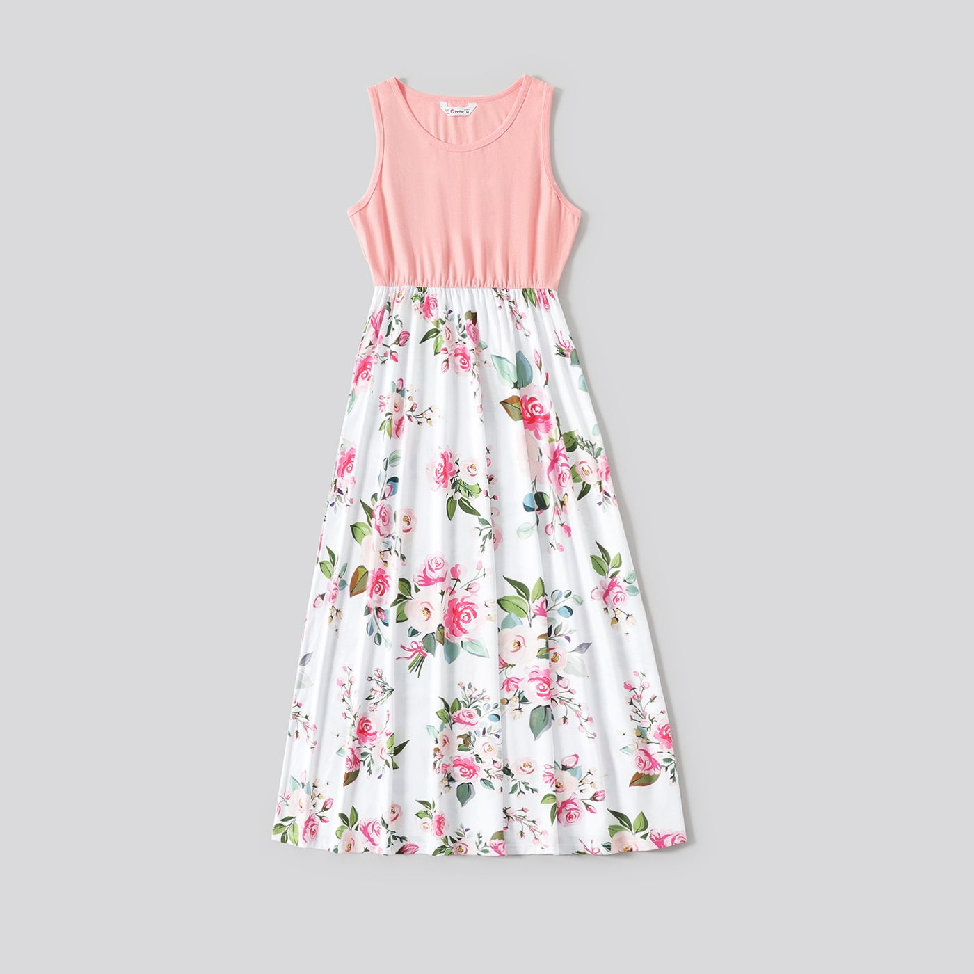 Family Matching Pink Sleeveless Splicing Floral Print Midi Dresses and Colorblock Short-sleeve Polo 