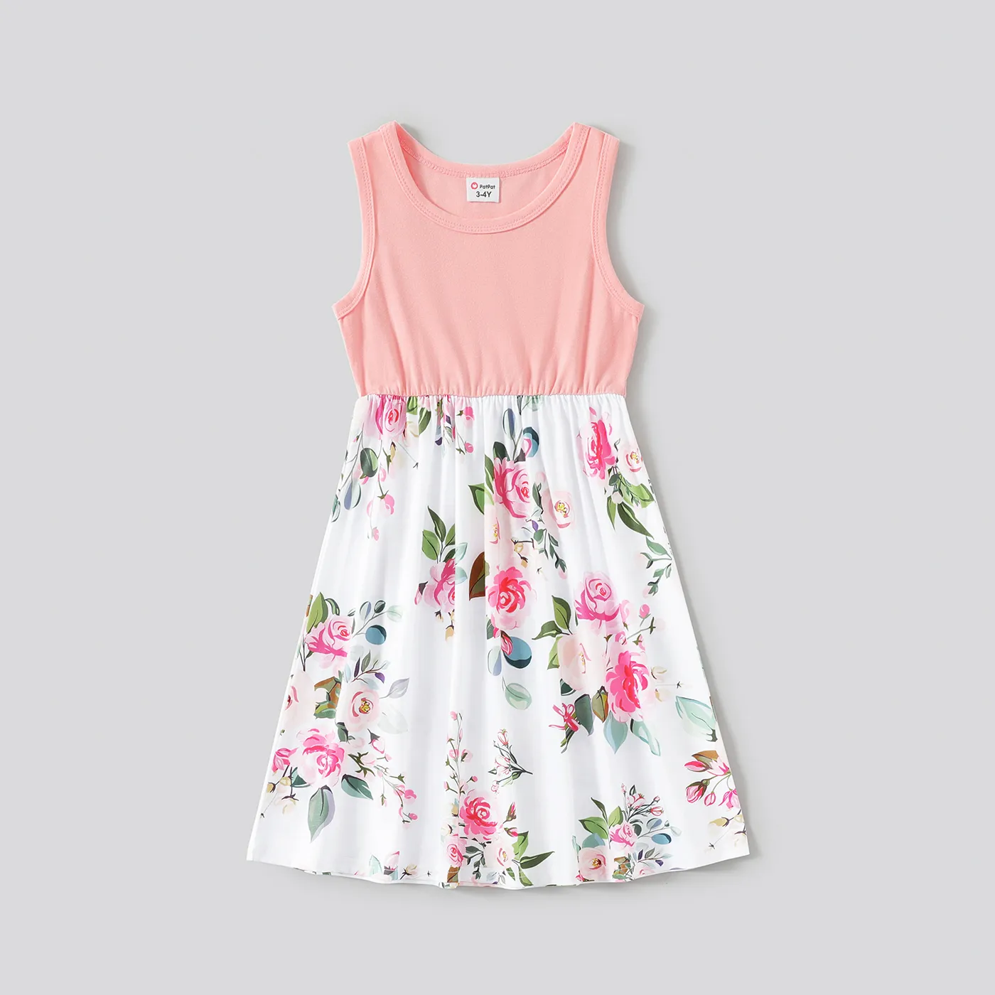 Family Matching Pink Sleeveless Splicing Floral Print Midi Dresses And Colorblock Short-sleeve Polo Shirts Sets