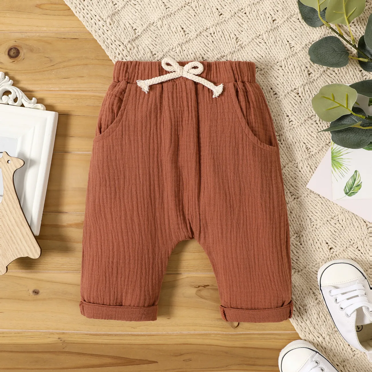 pantalones harem bebé niño/niña crepé marrón/caqui rayas cintura elástica Marrón big image 1