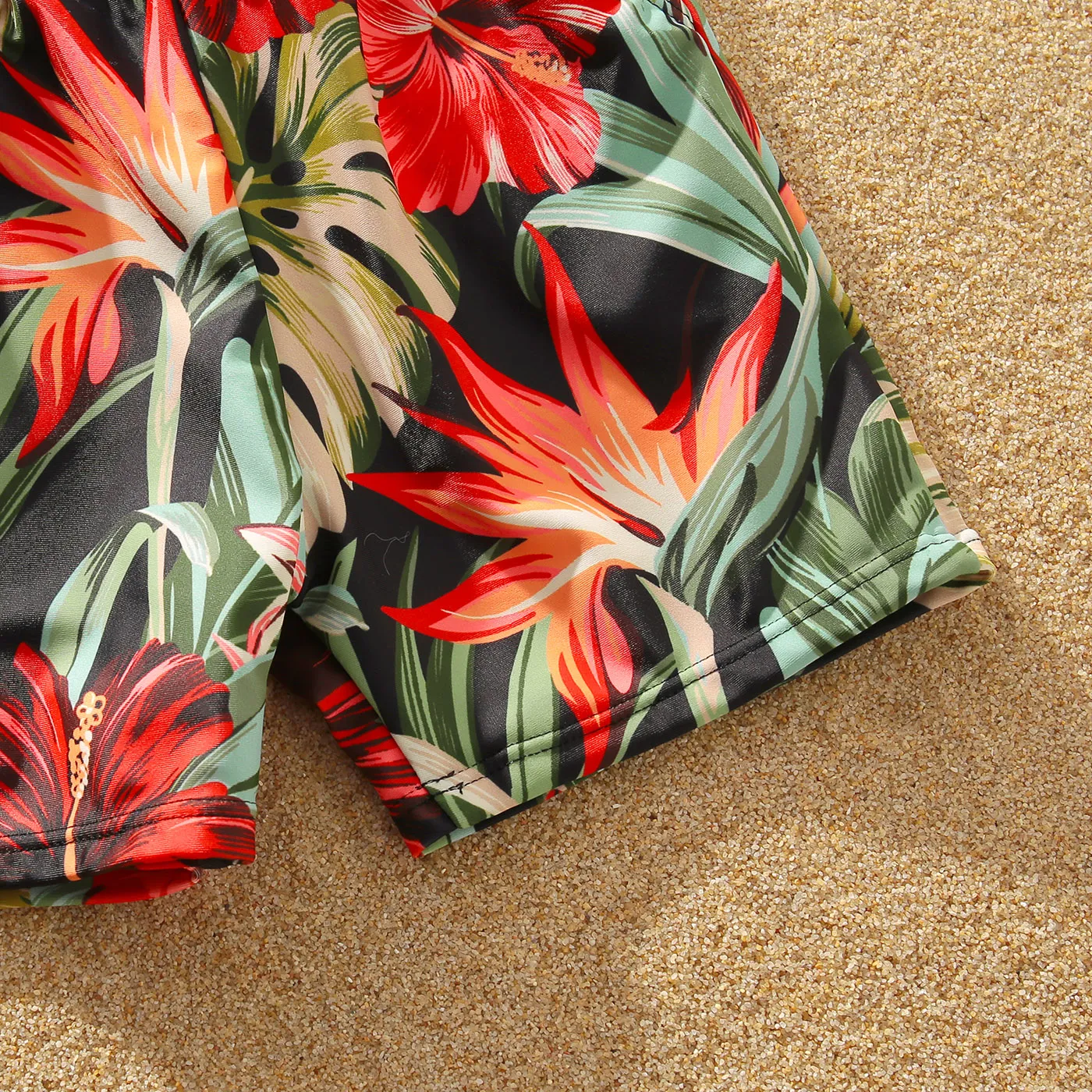 Family Matching Allover Floral Print Swim Trunks Shorts and Ruffle Belted One-Piece Swimsuit Pink image 5