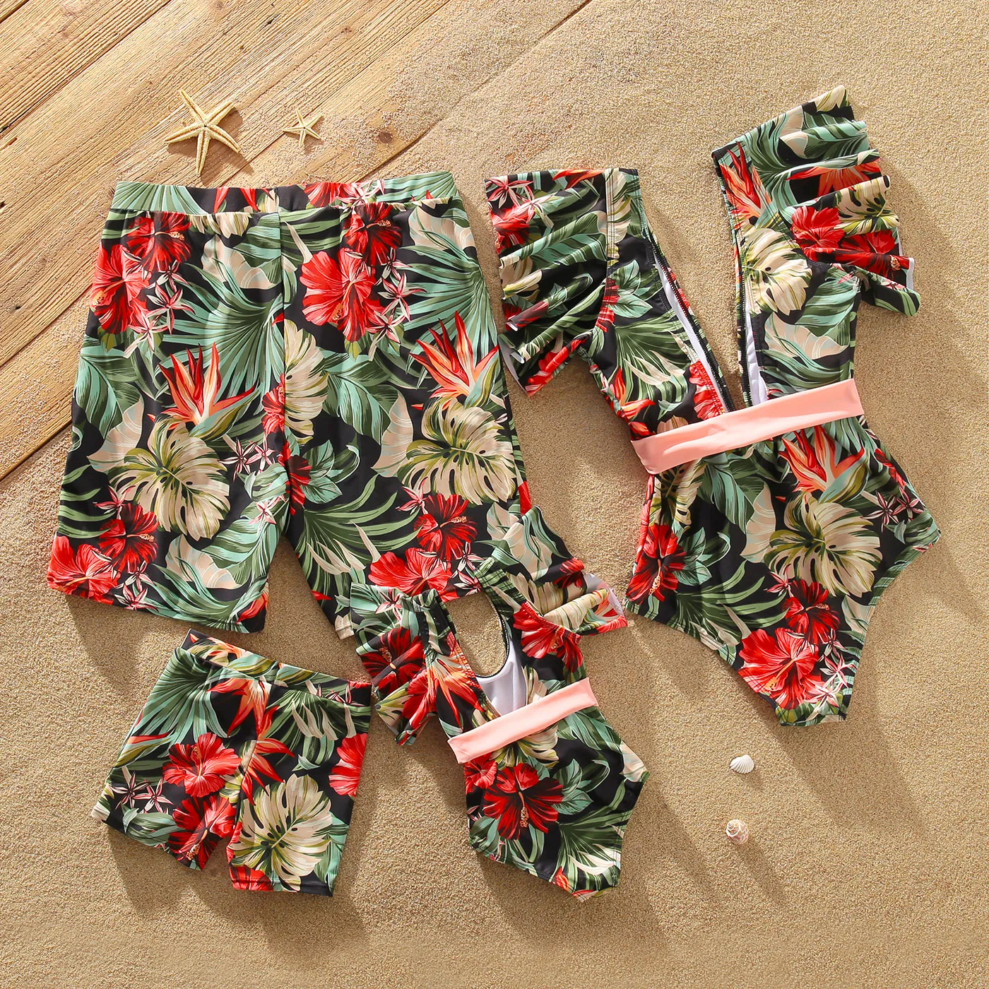 Family Matching Allover Floral Print Swim Trunks Shorts and Ruffle Belted One-Piece Swimsuit Pink image 3