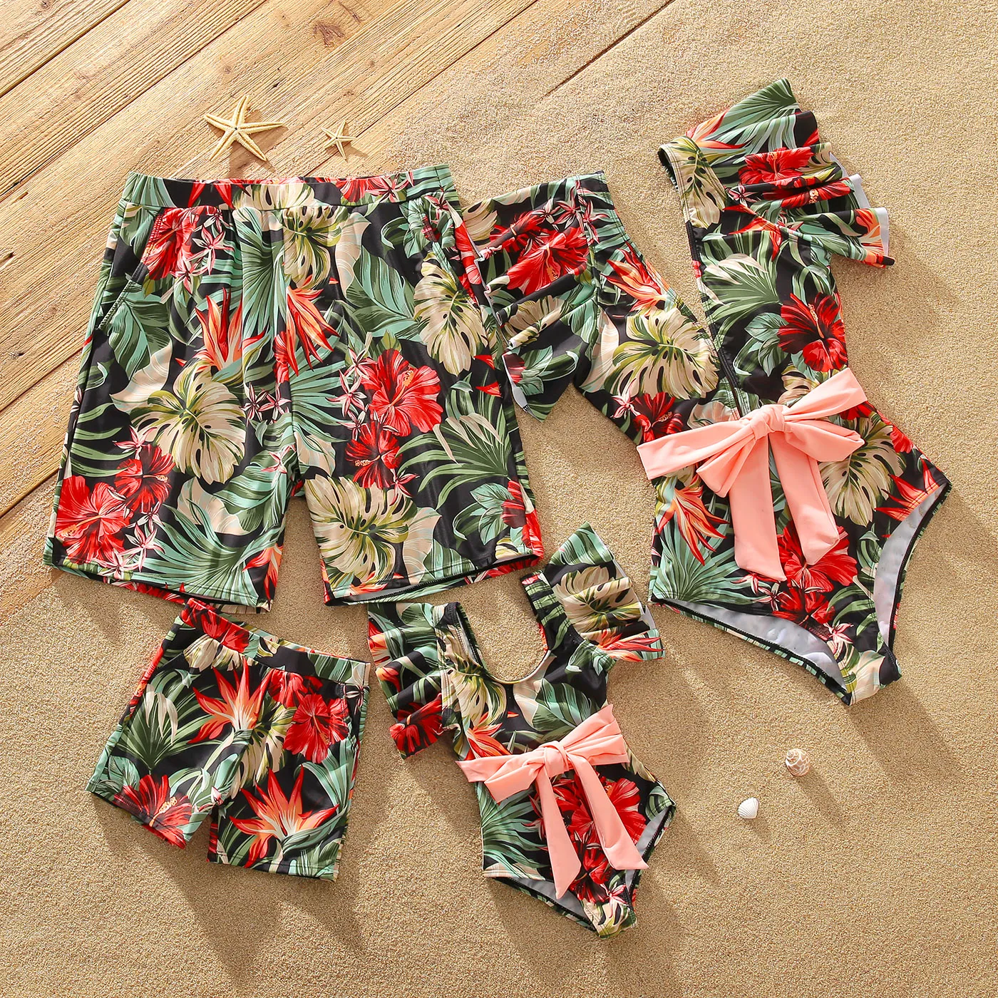 Family Matching Allover Floral Print Swim Trunks Shorts and Ruffle Belted One-Piece Swimsuit Pink image 2