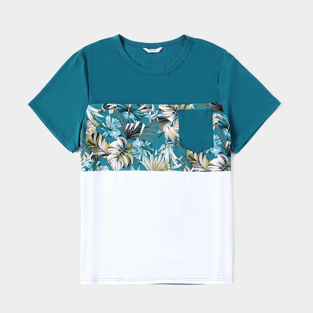 Family Matching All Over Floral Print Blue V Neck Ruffle Dresses and Short-sleeve Splicing T-shirts Sets big image 5