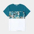 Family Matching All Over Floral Print Blue V Neck Ruffle Dresses and Short-sleeve Splicing T-shirts Sets  image 5
