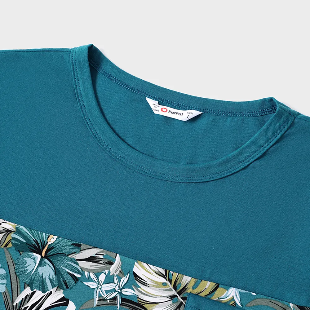 Family Matching All Over Floral Print Blue V Neck Ruffle Dresses and Short-sleeve Splicing T-shirts Sets big image 12