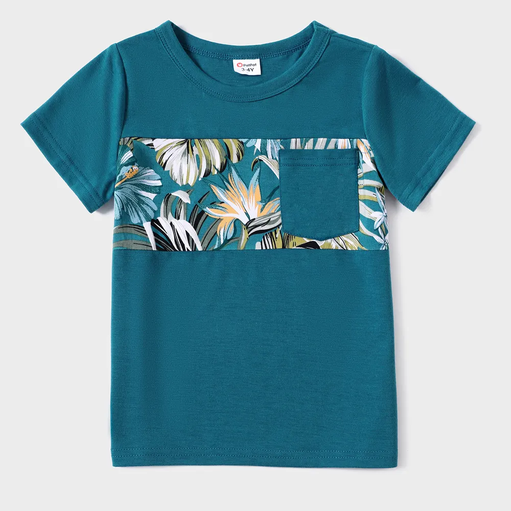 Family Matching All Over Floral Print Blue V Neck Ruffle Dresses and Short-sleeve Splicing T-shirts Sets big image 7