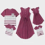 Family Matching Solid V Neck Sleeveless Button Up Drawstring Dresses and Striped Colorblock Short-sleeve T-shirts Sets  image 2