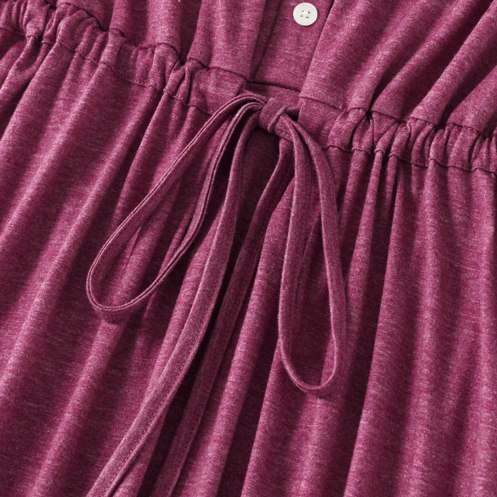 Family Matching Solid V Neck Sleeveless Button Up Drawstring Dresses and Striped Colorblock Short-sleeve T-shirts Sets big image 13