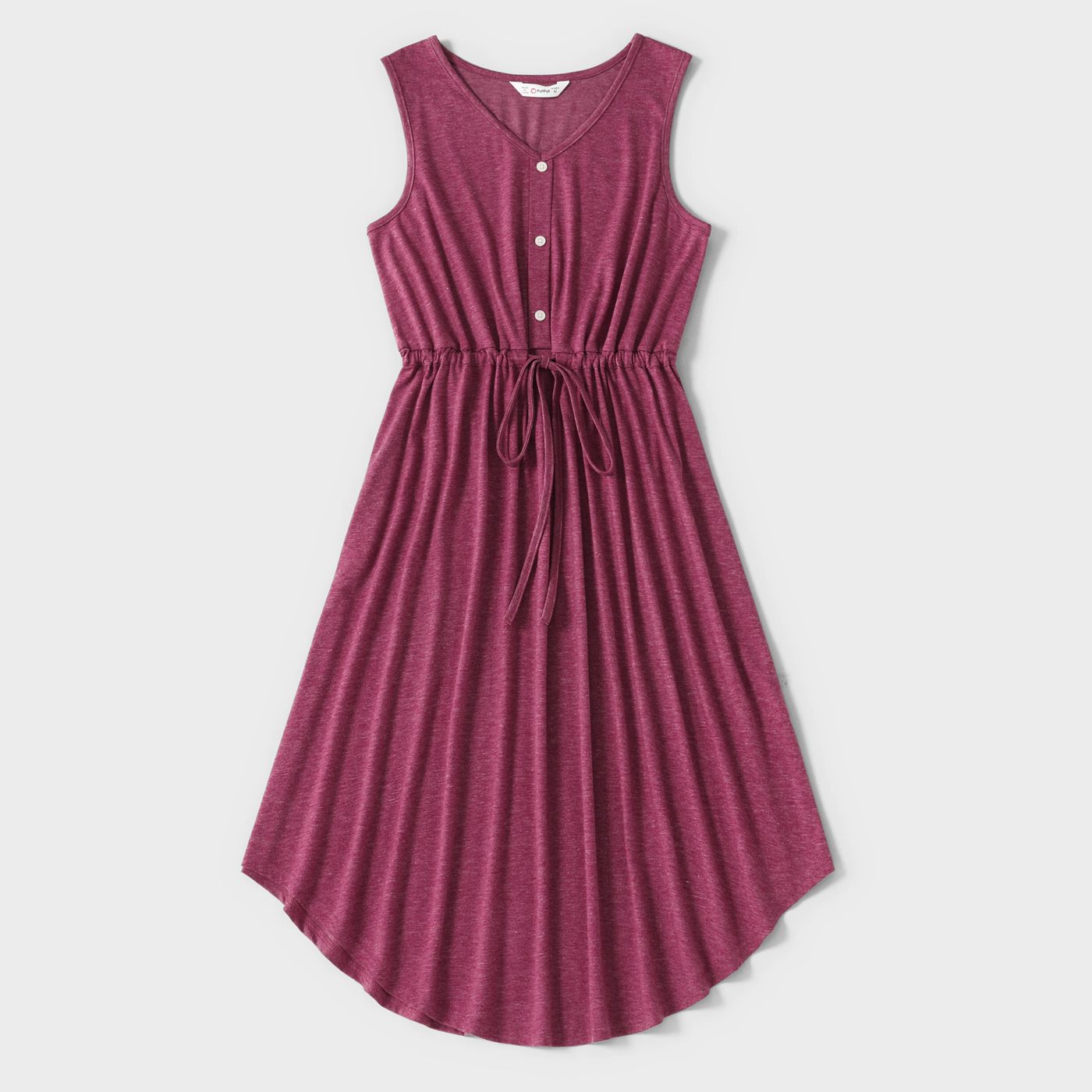 Family Matching Solid V Neck Sleeveless Button Up Drawstring Dresses and Striped Colorblock Short-sl