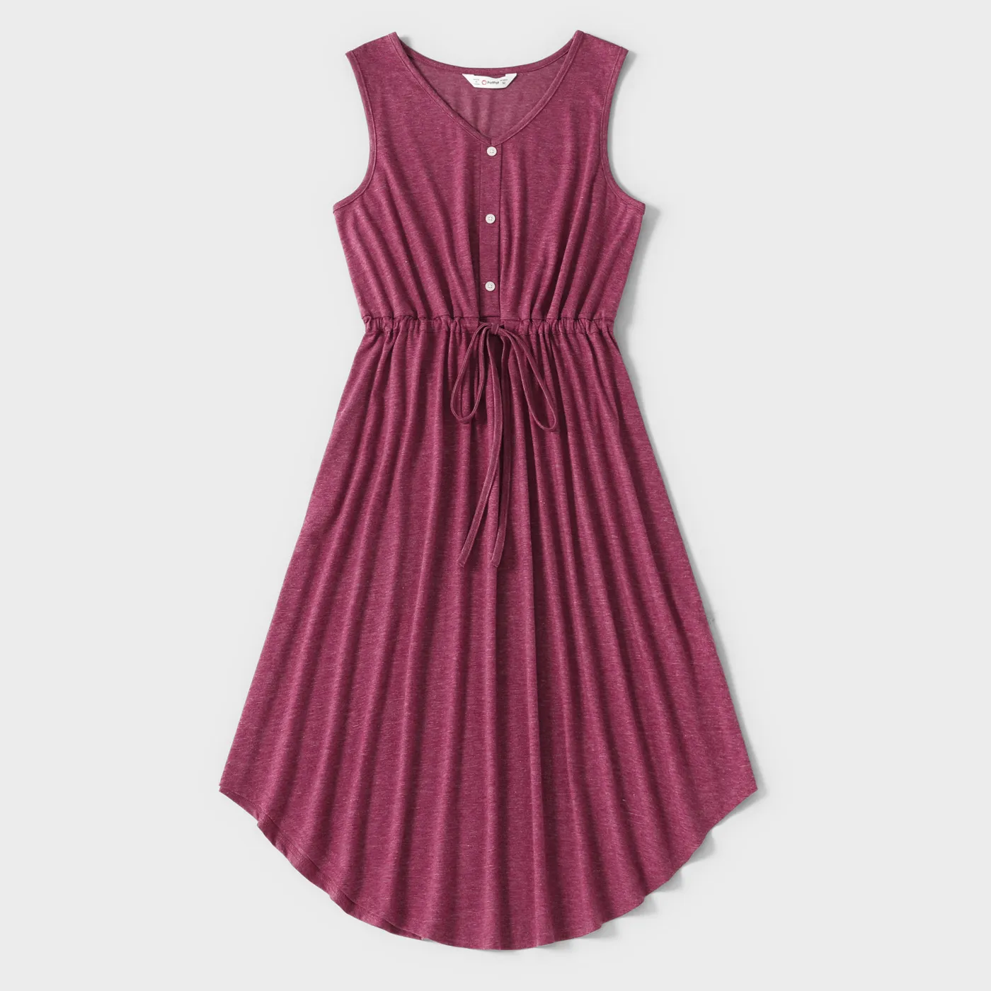 Family Matching Solid V Neck Sleeveless Button Up Drawstring Dresses and Striped Colorblock Short-sleeve T-shirts Sets  big image 6