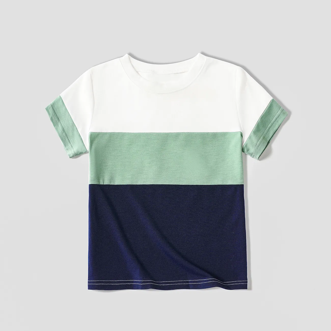 Family Matching Geometric Striped V Neck Drop Shoulder Belted Dresses and Colorblock Short-sleeve T-shirts Sets Green big image 1