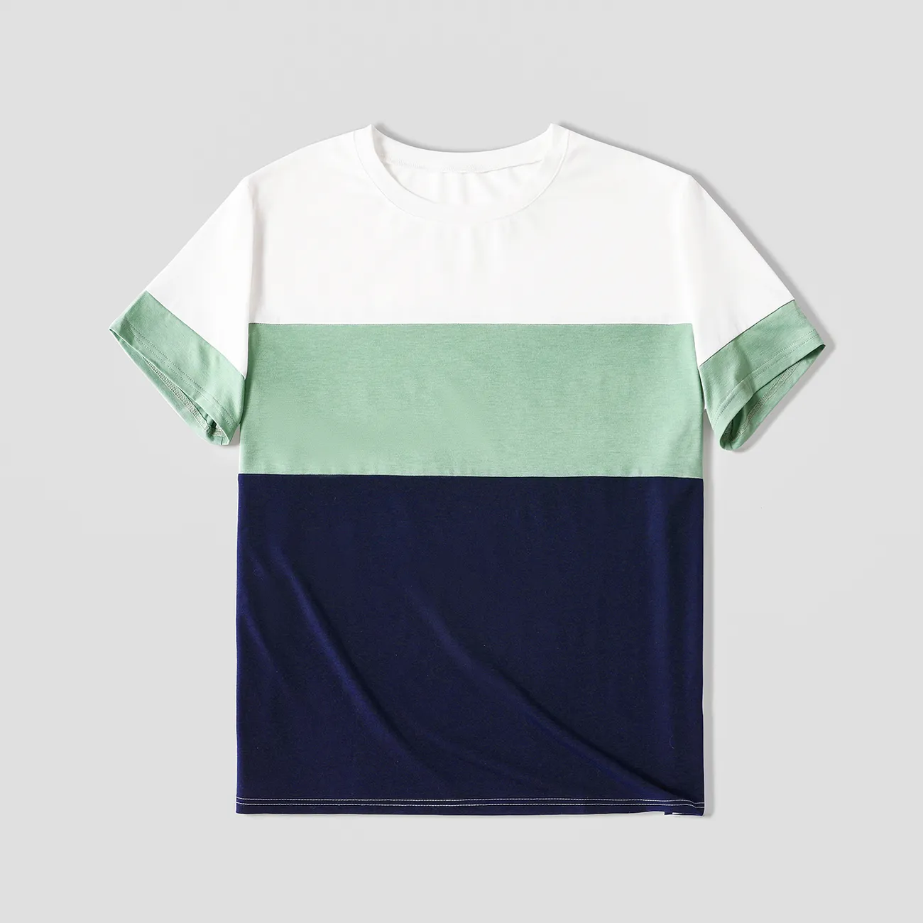 Family Matching Geometric Striped V Neck Drop Shoulder Belted Dresses and Colorblock Short-sleeve T-shirts Sets Green big image 1