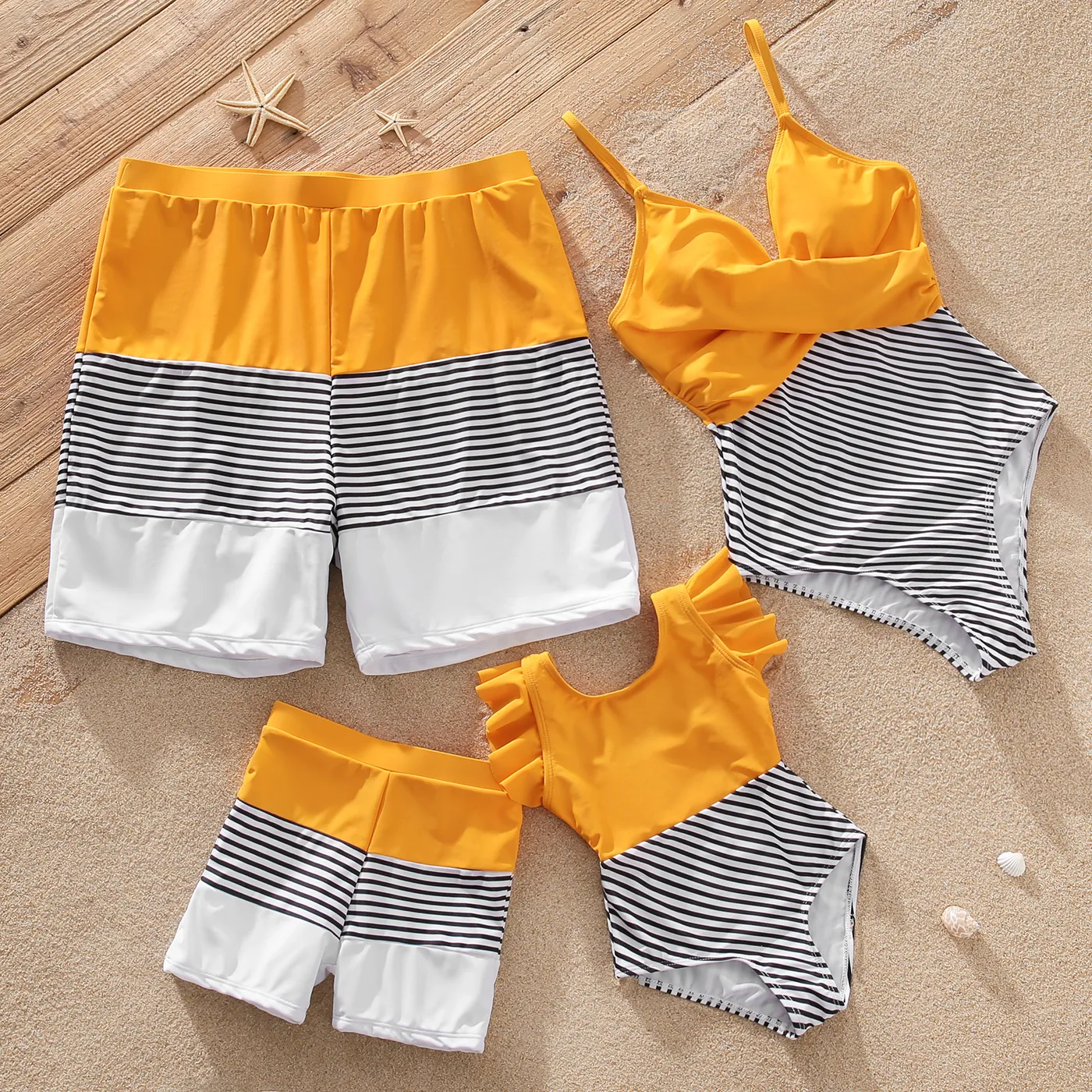 Family Matching Striped Colorblock Swim Trunks Shorts and Spaghetti Strap Splicing One-Piece Swimsuit Rudbeckia yellow image 3