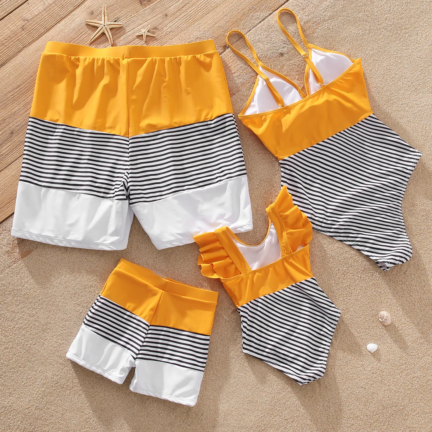 Family Matching Striped Colorblock Swim Trunks Shorts and Spaghetti Strap Splicing One-Piece Swimsuit Rudbeckia yellow image 6