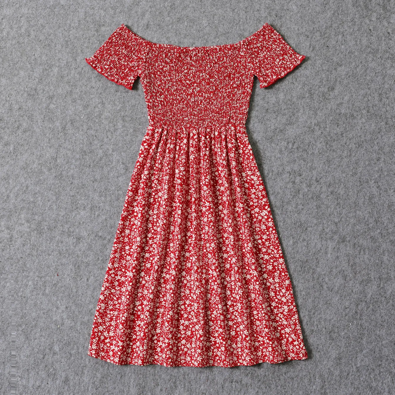 All Over Red Floral Print Off Shoulder Short-sleeve Shirred Dress for Mom and Me  image 2