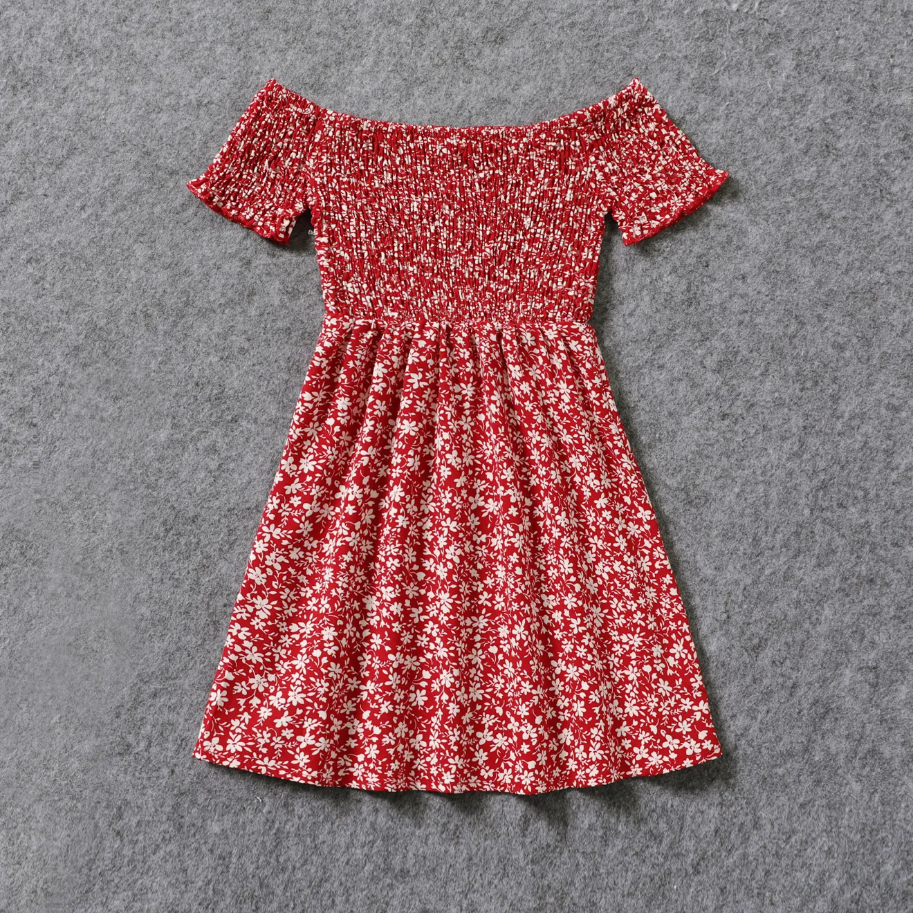 All Over Red Floral Print Off Shoulder Short-sleeve Shirred Dress for Mom and Me  image 6