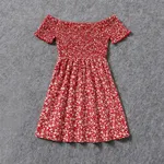 All Over Red Floral Print Off Shoulder Short-sleeve Shirred Dress for Mom and Me  image 6