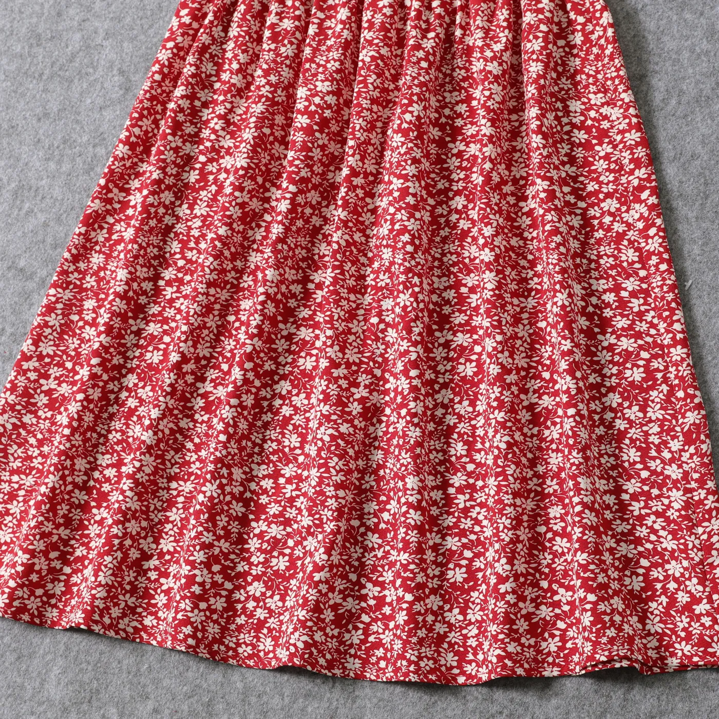 All Over Red Floral Print Off Shoulder Short-sleeve Shirred Dress for Mom and Me  image 5