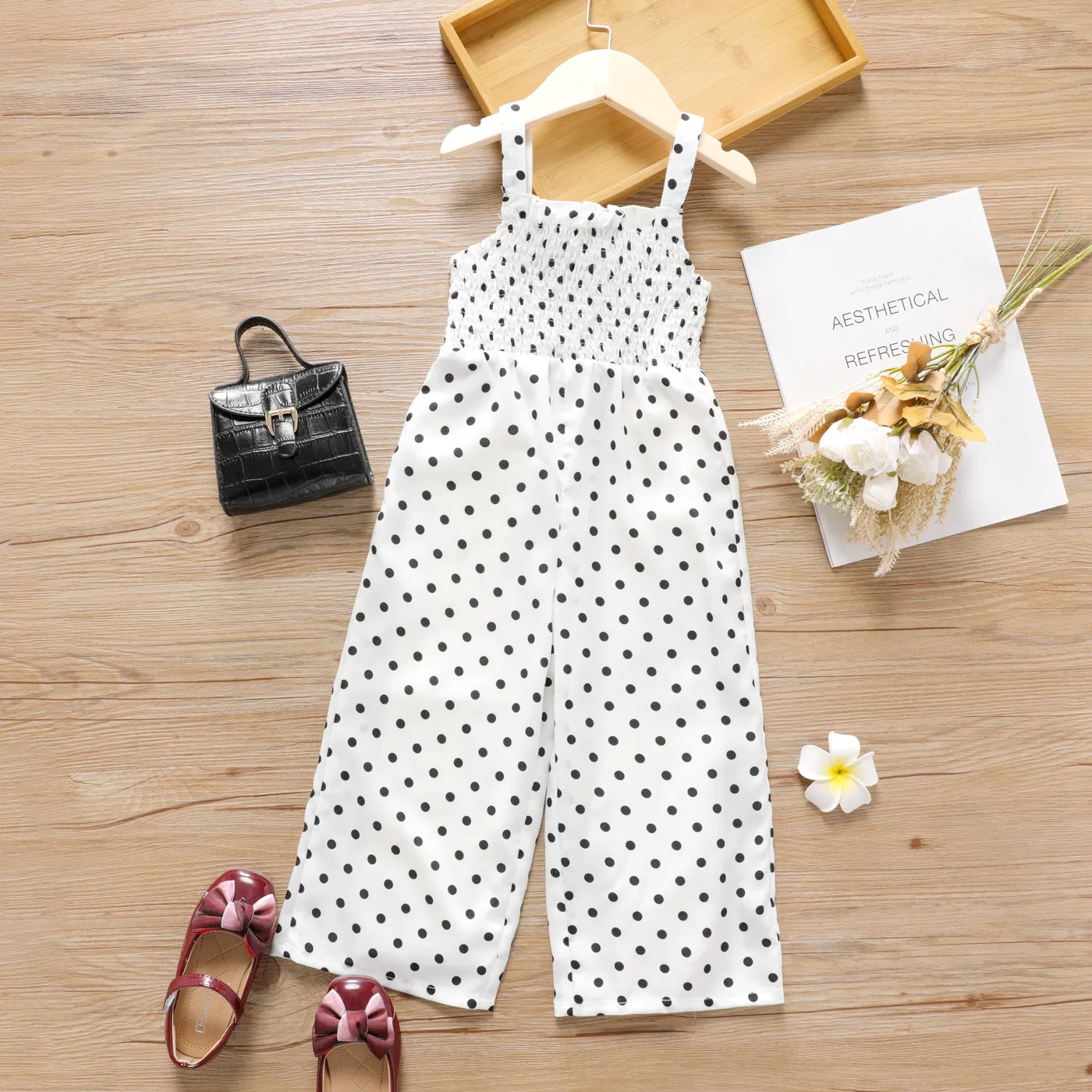 Toddler Girl Polka dots Smocked Sleeveless Strap Jumpsuit  image 1