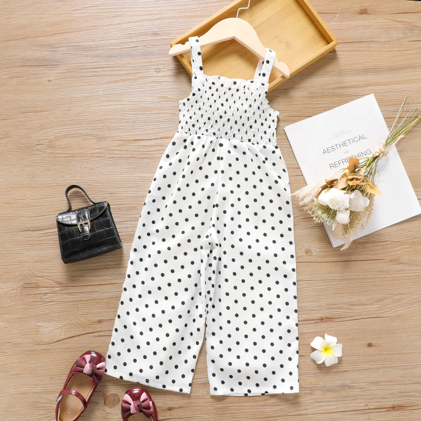 Toddler Girl Polka dots Smocked Sleeveless Strap Jumpsuit  image 2