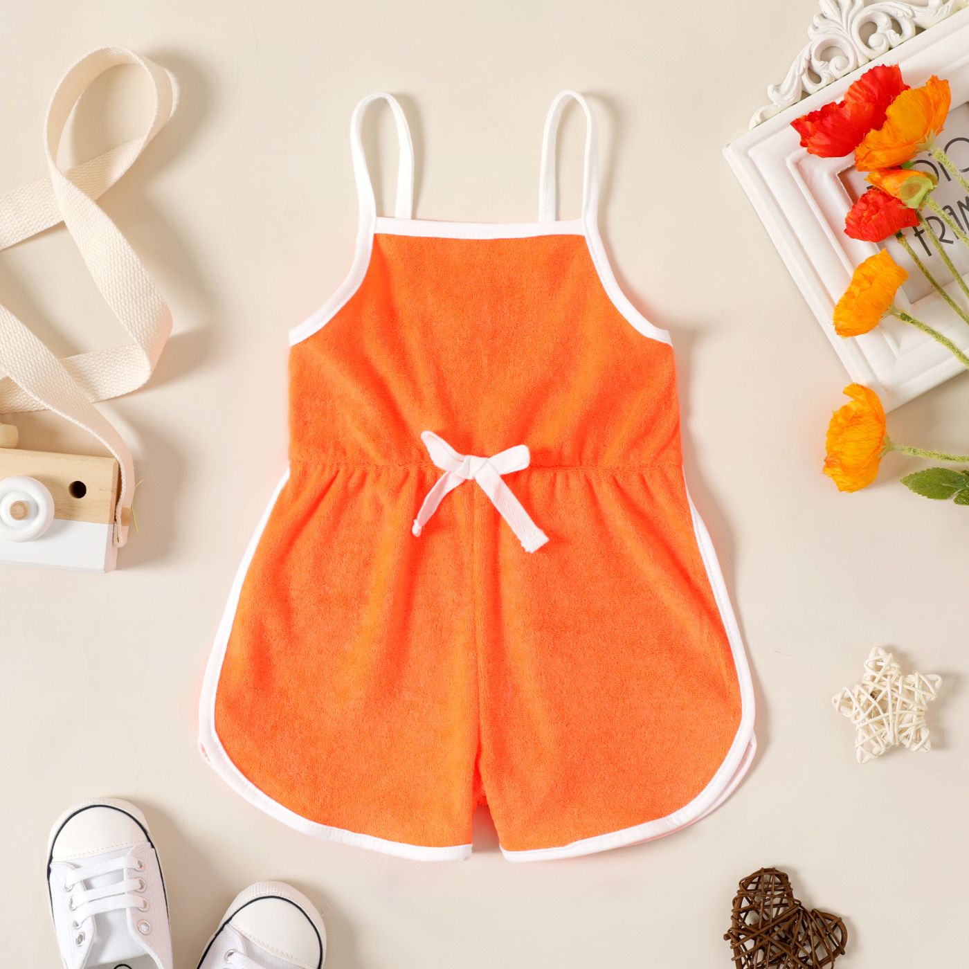 

Baby Girl Fluorescent Colored Sleeveless Spaghetti Strap Terrycloth Romper