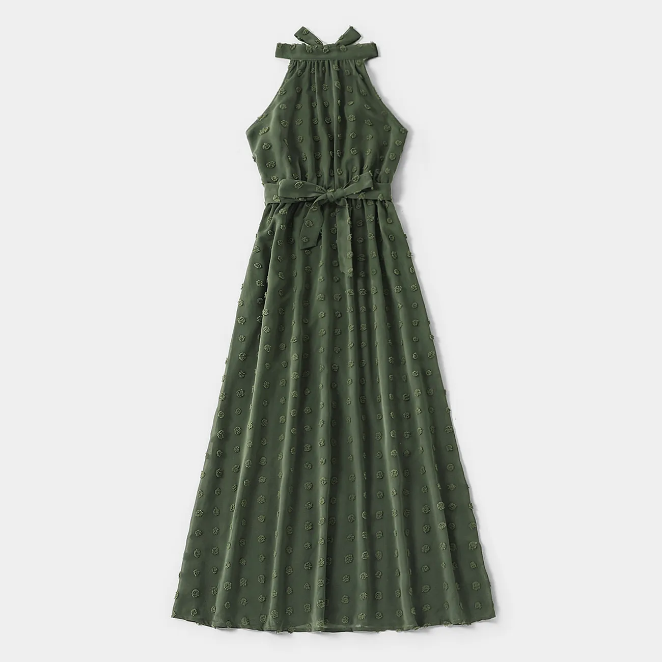 

Family Matching Dark Green Swiss Dot Halter Neck Sleeveless Maxi Dresses and Colorblock Short-sleeve T-shirts Sets