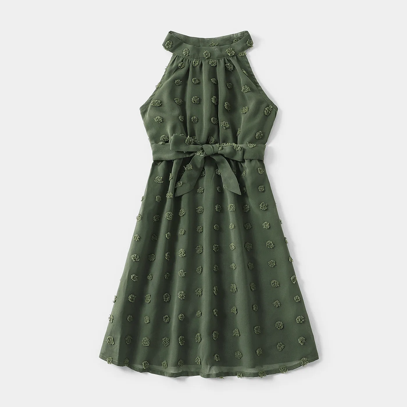 Family Matching Dark Green Swiss Dot Halter Neck Sleeveless Maxi Dresses and Colorblock Short-sleeve