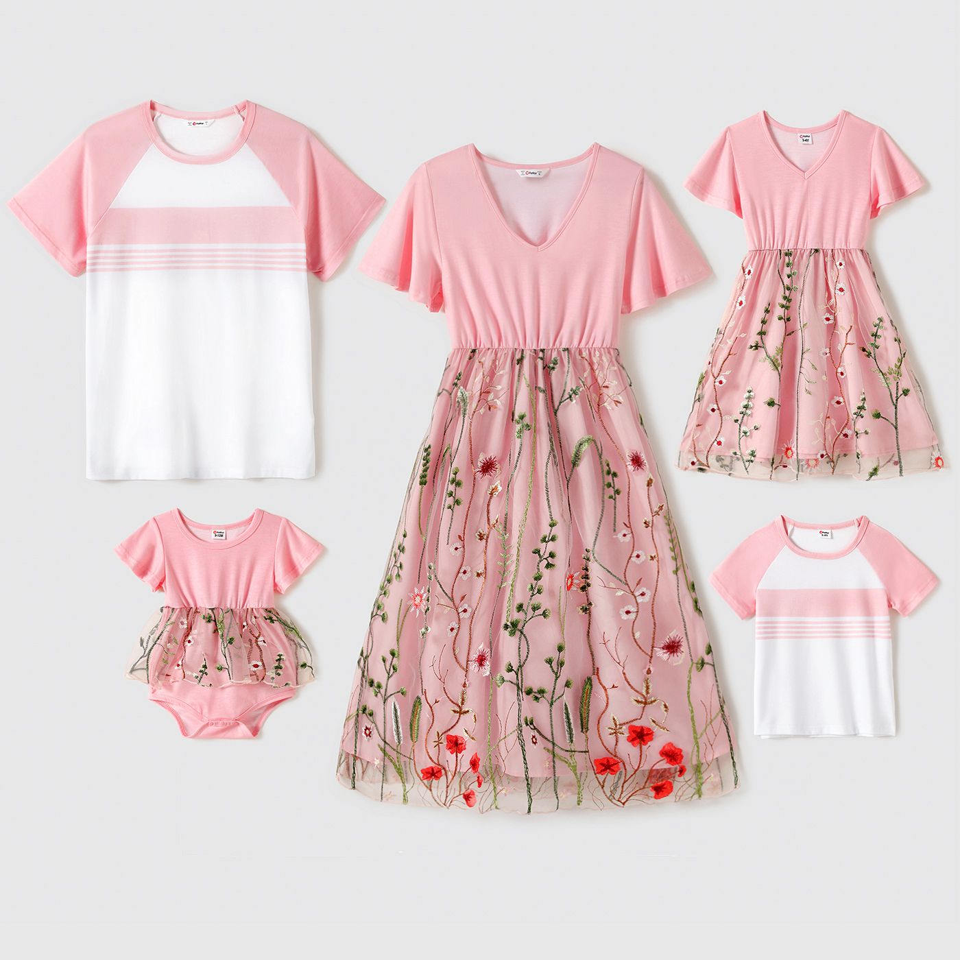 

Mosaic Embroidered Floral Family Matching Dark Green/Pink Sets