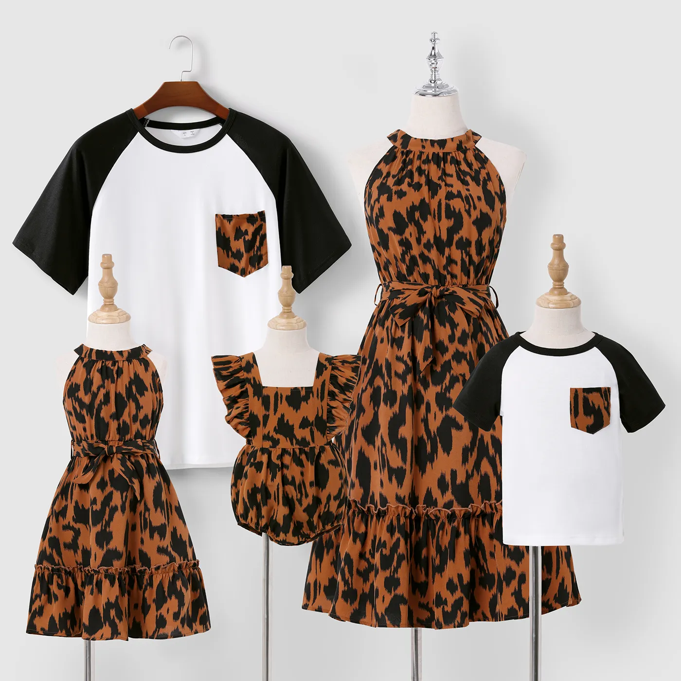 Family Matching Brown Leopard Halter Neck Sleeveless Belted Dresses and Raglan-sleeve T-shirts Sets Brown image 2