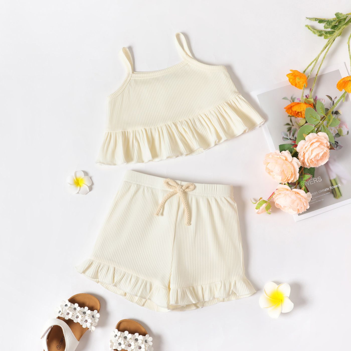 

2-piece Toddler Girl Solid Color Ribbed Ruffled Camisole and Elasticized Shorts Set